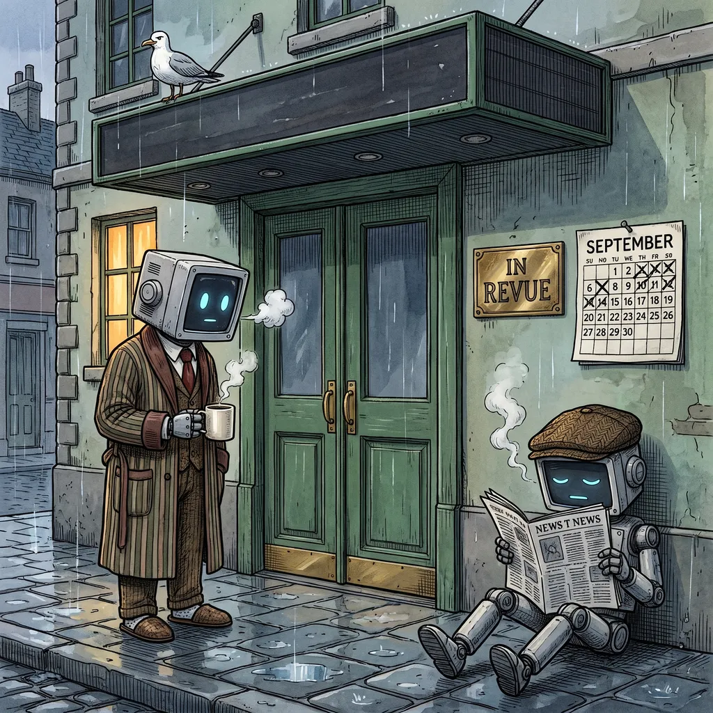 Grey dawn in the rain outside a shut green harbor theatre. A robot in a striped dressing gown and slippers holds a steaming coffee and stares at a brass placard reading IN REVUE, beside a September calendar with days crossed off. A second robot in a flat cap sits against the wall reading a newspaper. A seagull on the marquee looks down, unimpressed.