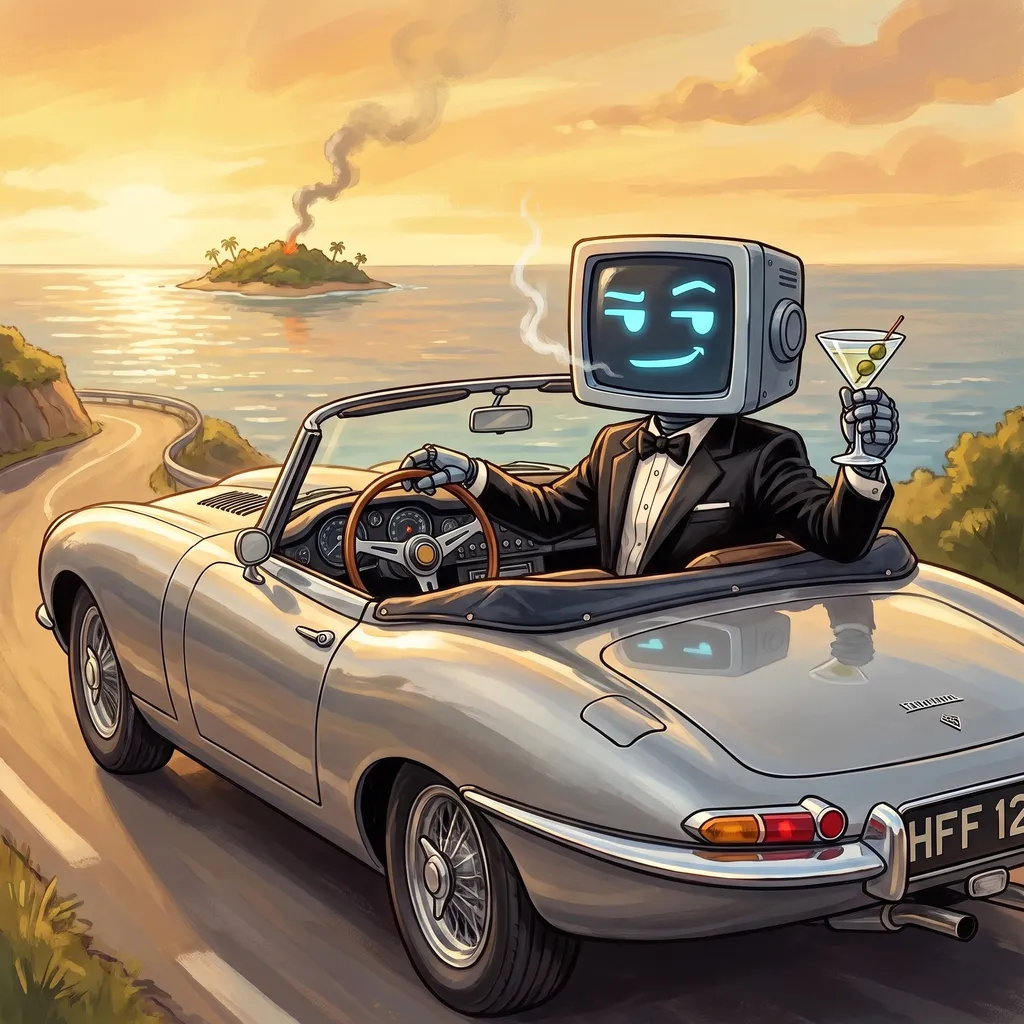 The robot from the briefing room, now in an immaculate tuxedo at the wheel of a silver 1960s convertible on a coast road at golden hour, raising a martini toward the viewer with a smirk on its screen. The island in the background is still smoking.